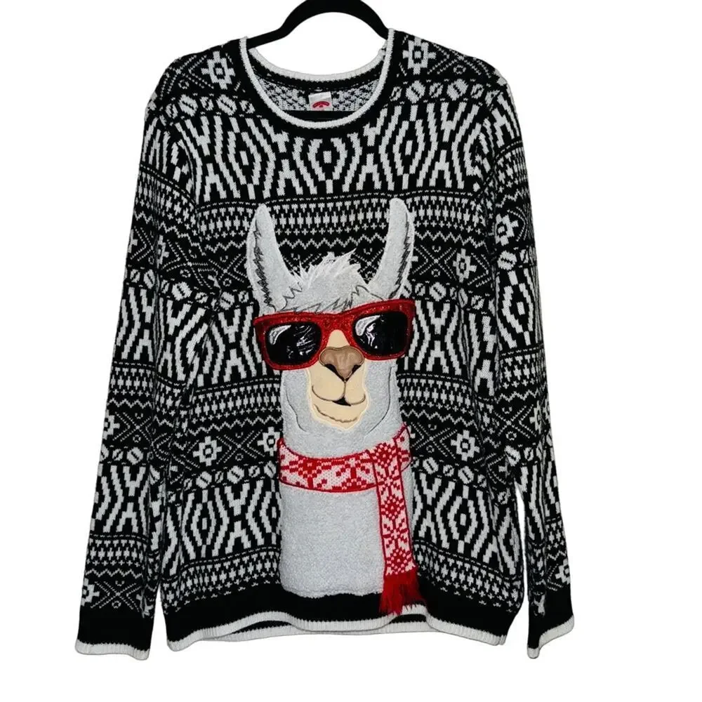 Holiday Time Llama Sunglasses Ugly Christmas Sweater Fair Isle Black White L